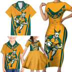 Custom Australia Rugby Family Matching Short Sleeve Bodycon Dress and Hawaiian Shirt Wallabies Mascots Sporty Version