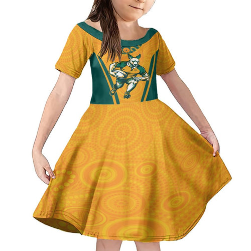 Custom Australia Rugby Family Matching Short Sleeve Bodycon Dress and Hawaiian Shirt Wallabies Mascots Sporty Version