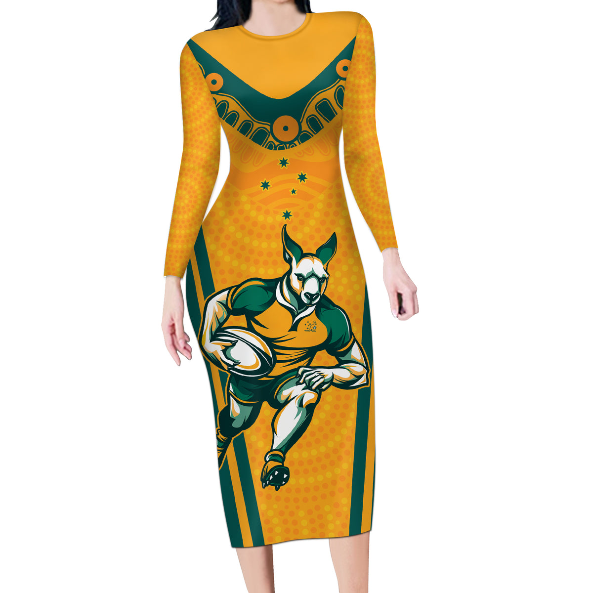 Custom Australia Rugby Long Sleeve Bodycon Dress Wallabies Mascots Sporty Version
