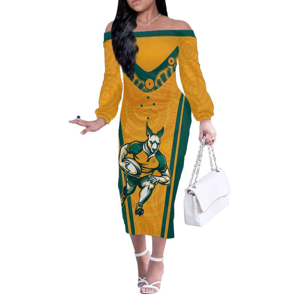 Custom Australia Rugby Off The Shoulder Long Sleeve Dress Wallabies Mascots Sporty Version