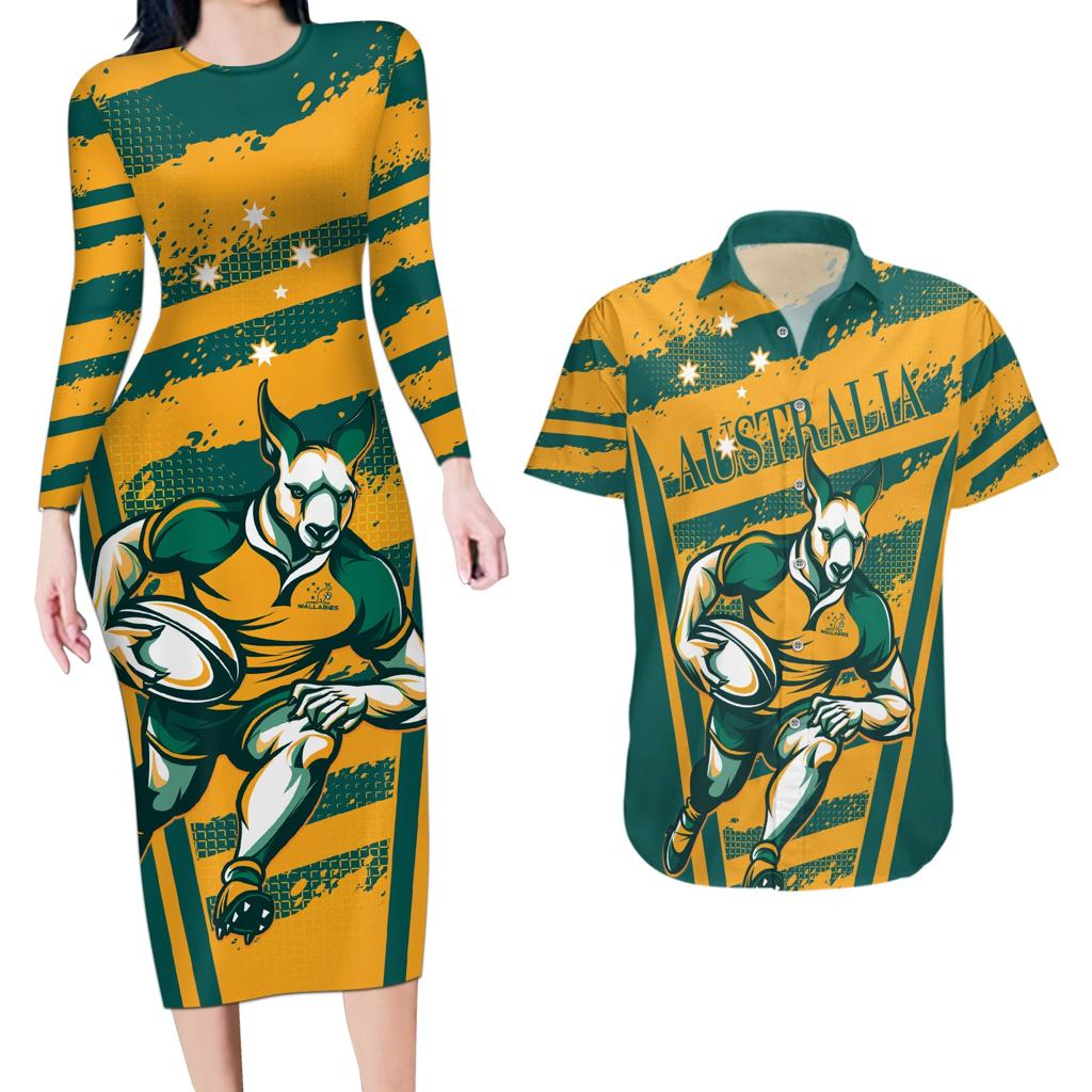 Custom Australia Rugby Couples Matching Long Sleeve Bodycon Dress and Hawaiian Shirt Wallabies Mascots Indigenous Aboriginal Version