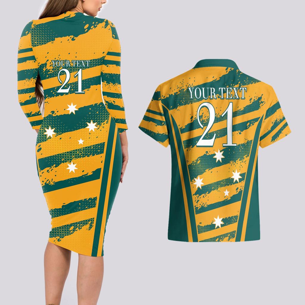 Custom Australia Rugby Couples Matching Long Sleeve Bodycon Dress and Hawaiian Shirt Wallabies Mascots Indigenous Aboriginal Version
