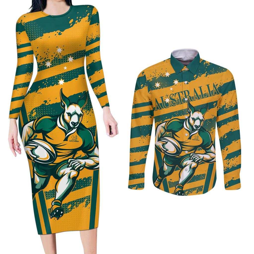 Custom Australia Rugby Couples Matching Long Sleeve Bodycon Dress and Long Sleeve Button Shirt Wallabies Mascots Indigenous Aboriginal Version
