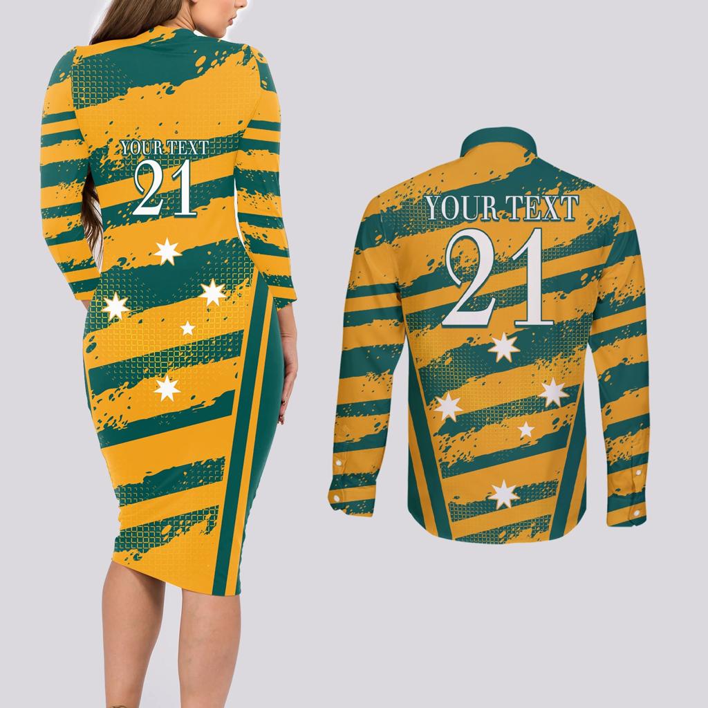 Custom Australia Rugby Couples Matching Long Sleeve Bodycon Dress and Long Sleeve Button Shirt Wallabies Mascots Indigenous Aboriginal Version
