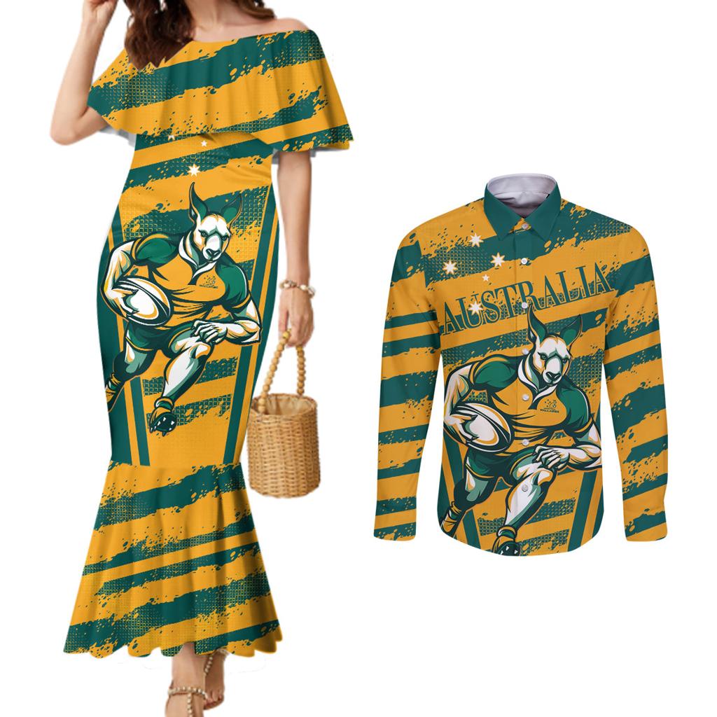 Custom Australia Rugby Couples Matching Mermaid Dress and Long Sleeve Button Shirt Wallabies Mascots Indigenous Aboriginal Version