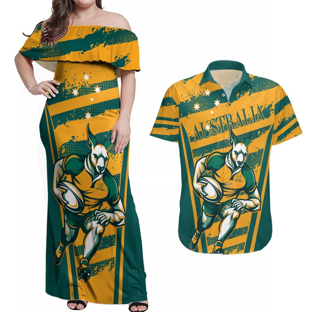 Custom Australia Rugby Couples Matching Off Shoulder Maxi Dress and Hawaiian Shirt Wallabies Mascots Indigenous Aboriginal Version