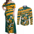 Custom Australia Rugby Couples Matching Off Shoulder Maxi Dress and Long Sleeve Button Shirt Wallabies Mascots Indigenous Aboriginal Version