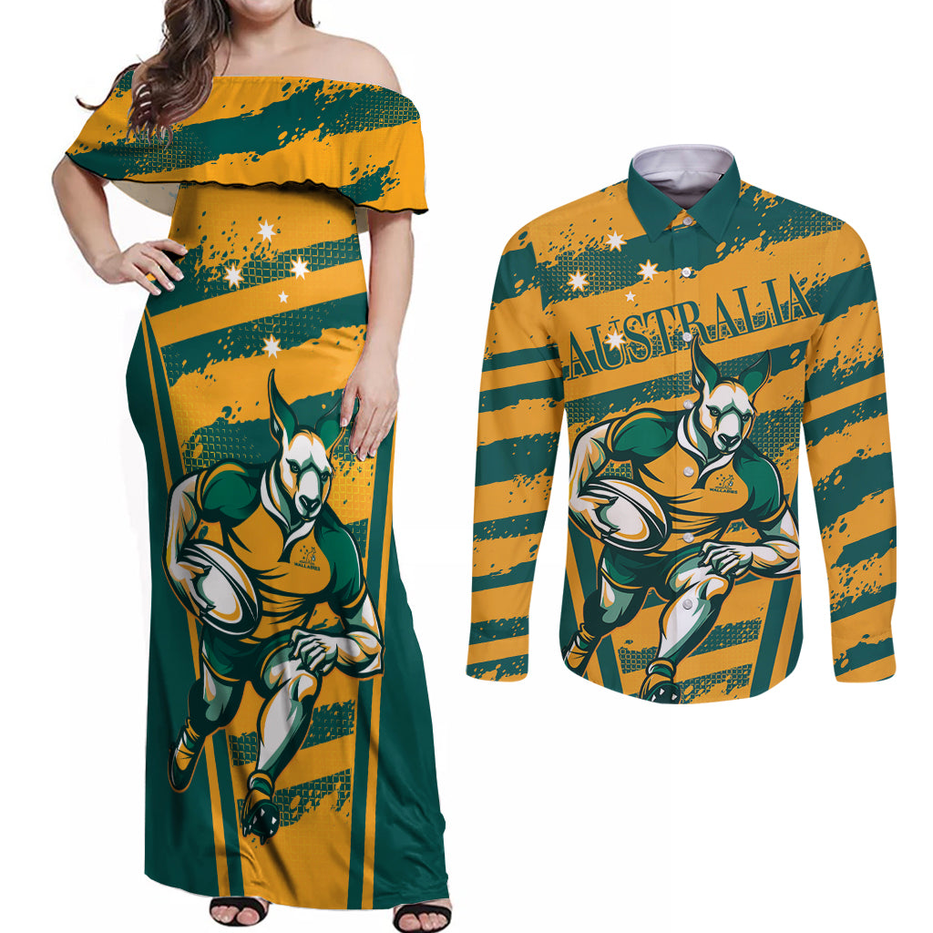 Custom Australia Rugby Couples Matching Off Shoulder Maxi Dress and Long Sleeve Button Shirt Wallabies Mascots Indigenous Aboriginal Version