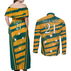 Custom Australia Rugby Couples Matching Off Shoulder Maxi Dress and Long Sleeve Button Shirt Wallabies Mascots Indigenous Aboriginal Version