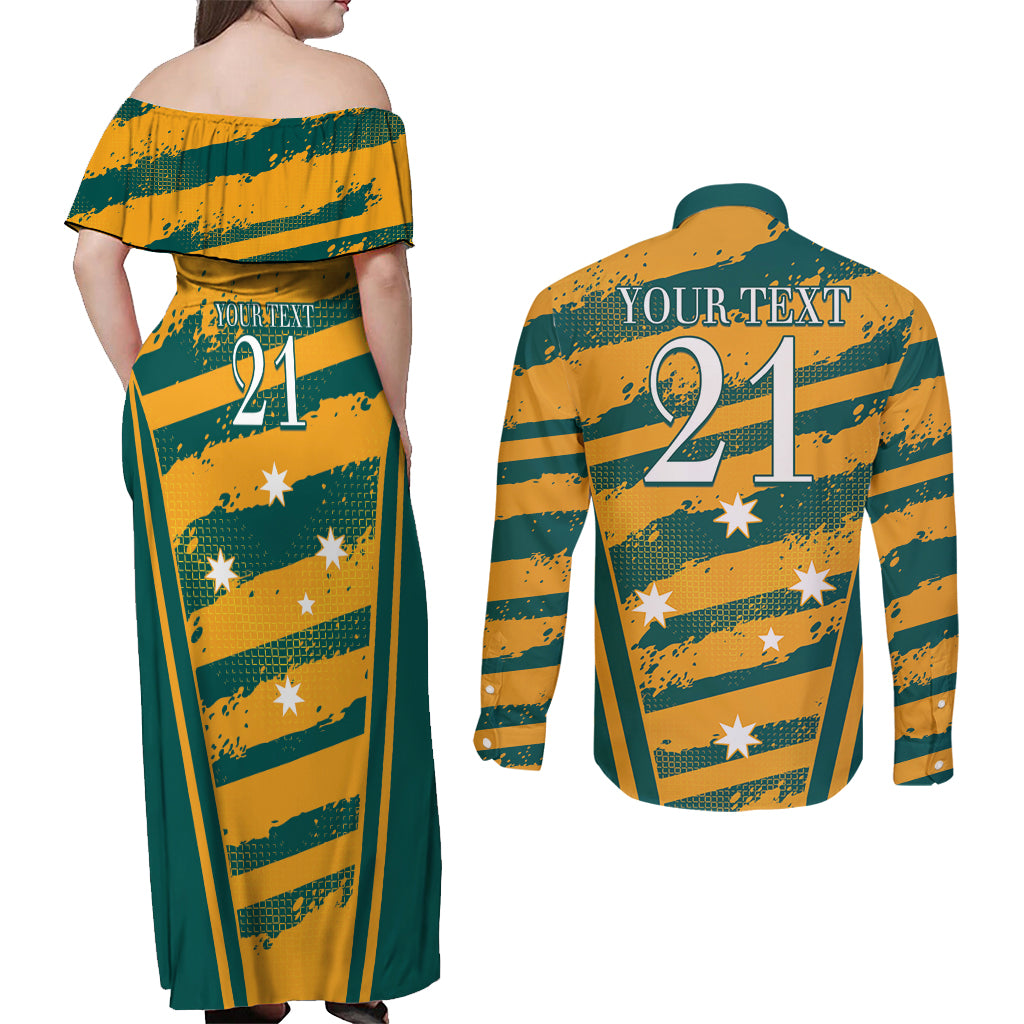 Custom Australia Rugby Couples Matching Off Shoulder Maxi Dress and Long Sleeve Button Shirt Wallabies Mascots Indigenous Aboriginal Version