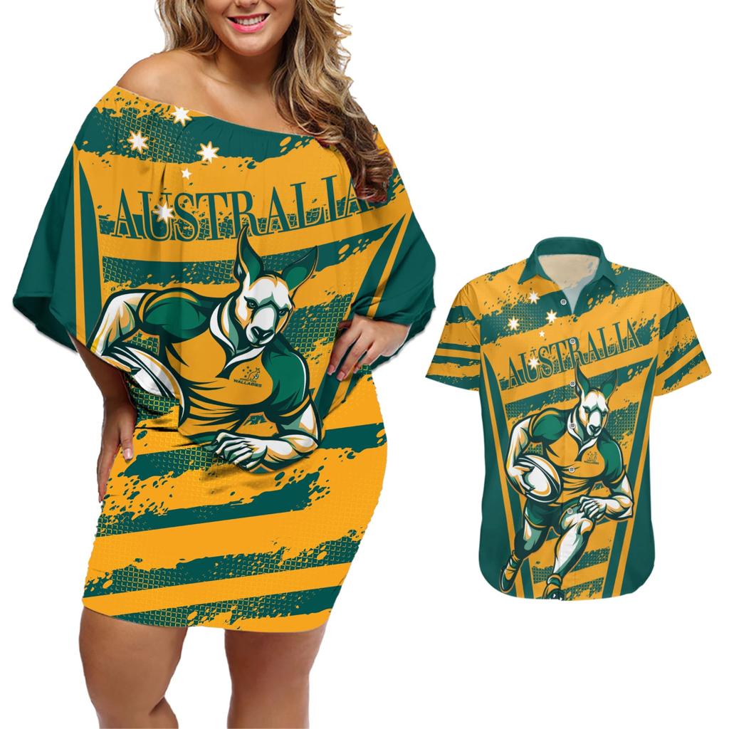Custom Australia Rugby Couples Matching Off Shoulder Short Dress and Hawaiian Shirt Wallabies Mascots Indigenous Aboriginal Version