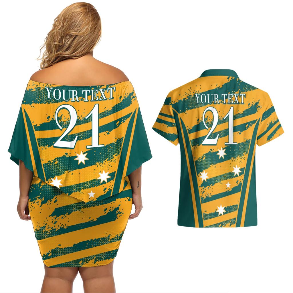Custom Australia Rugby Couples Matching Off Shoulder Short Dress and Hawaiian Shirt Wallabies Mascots Indigenous Aboriginal Version
