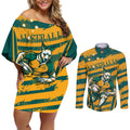 Custom Australia Rugby Couples Matching Off Shoulder Short Dress and Long Sleeve Button Shirt Wallabies Mascots Indigenous Aboriginal Version