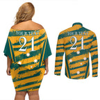 Custom Australia Rugby Couples Matching Off Shoulder Short Dress and Long Sleeve Button Shirt Wallabies Mascots Indigenous Aboriginal Version