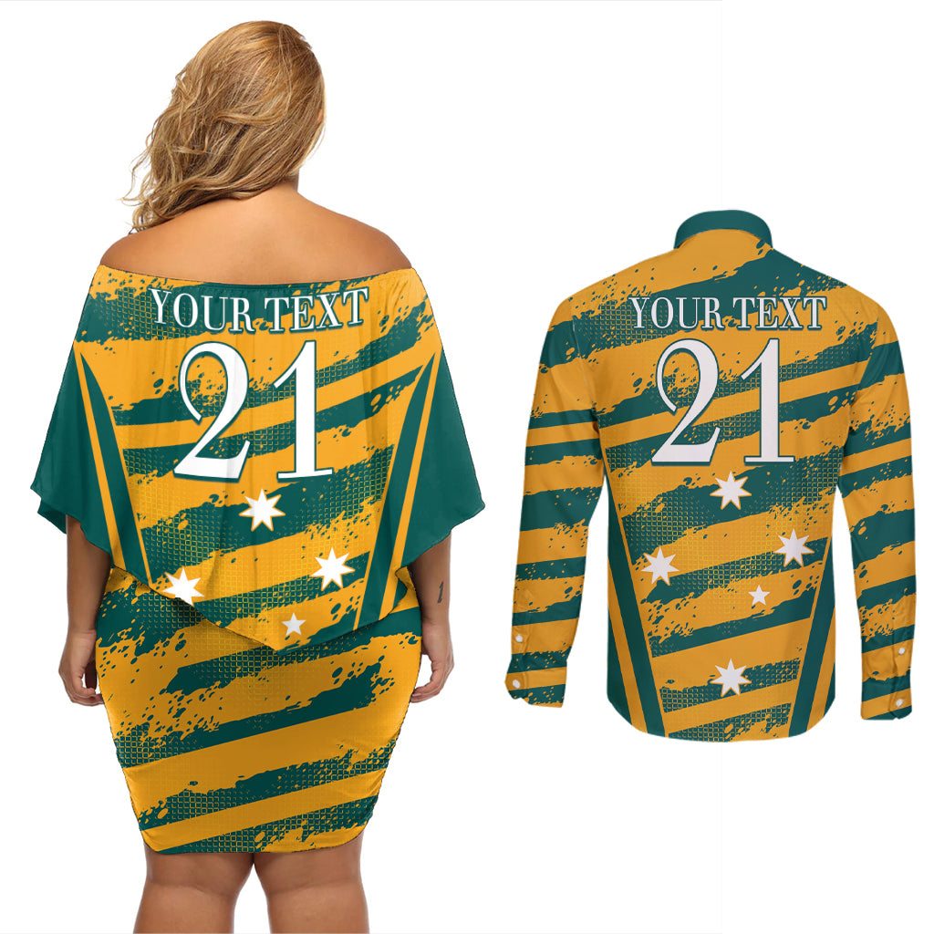 Custom Australia Rugby Couples Matching Off Shoulder Short Dress and Long Sleeve Button Shirt Wallabies Mascots Indigenous Aboriginal Version