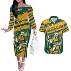 Custom Australia Rugby Couples Matching Off The Shoulder Long Sleeve Dress and Hawaiian Shirt Wallabies Mascots Indigenous Aboriginal Version