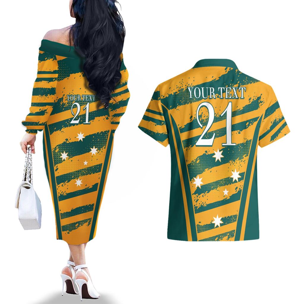 Custom Australia Rugby Couples Matching Off The Shoulder Long Sleeve Dress and Hawaiian Shirt Wallabies Mascots Indigenous Aboriginal Version