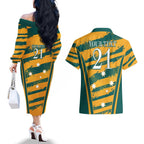 Custom Australia Rugby Couples Matching Off The Shoulder Long Sleeve Dress and Hawaiian Shirt Wallabies Mascots Indigenous Aboriginal Version