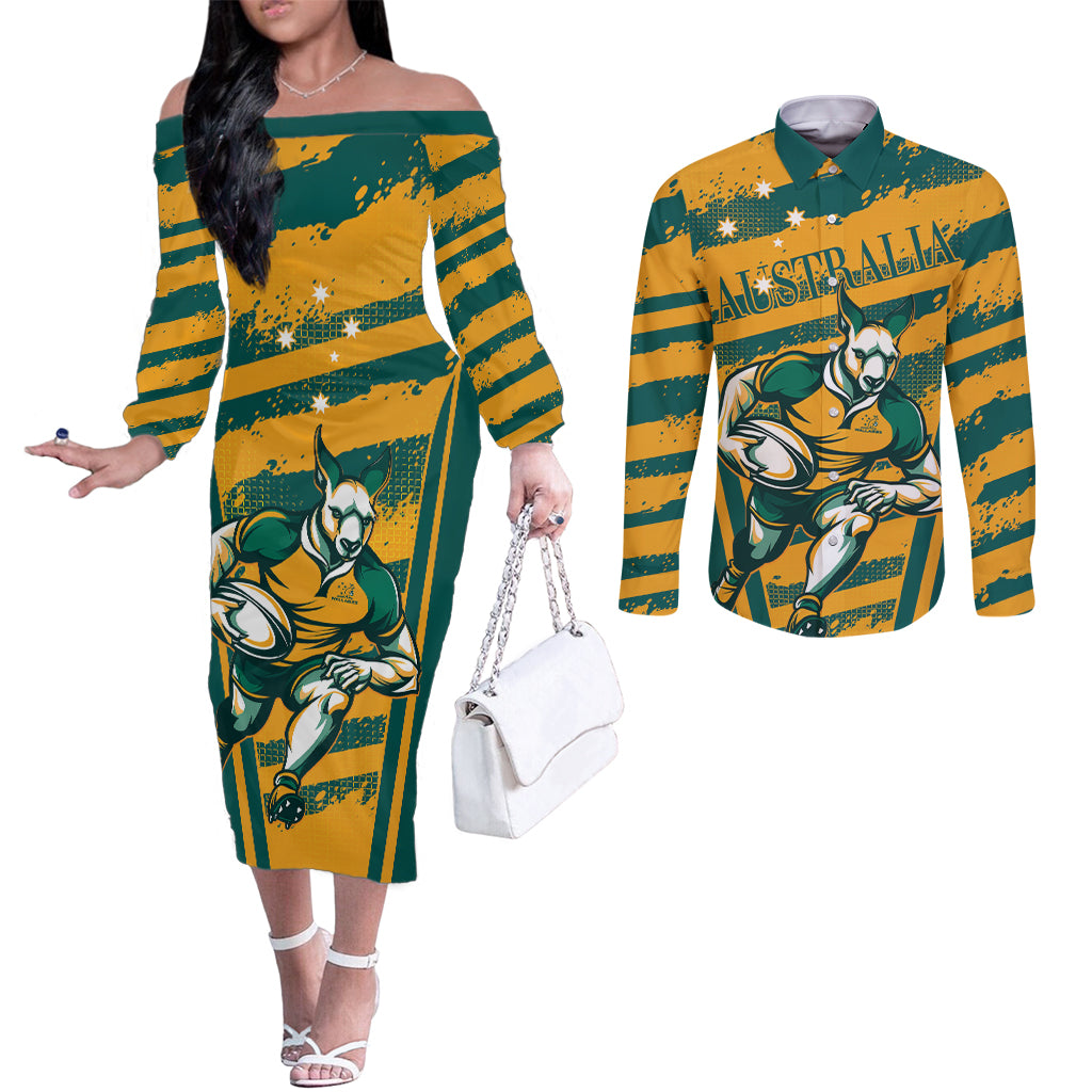 Custom Australia Rugby Couples Matching Off The Shoulder Long Sleeve Dress and Long Sleeve Button Shirt Wallabies Mascots Indigenous Aboriginal Version