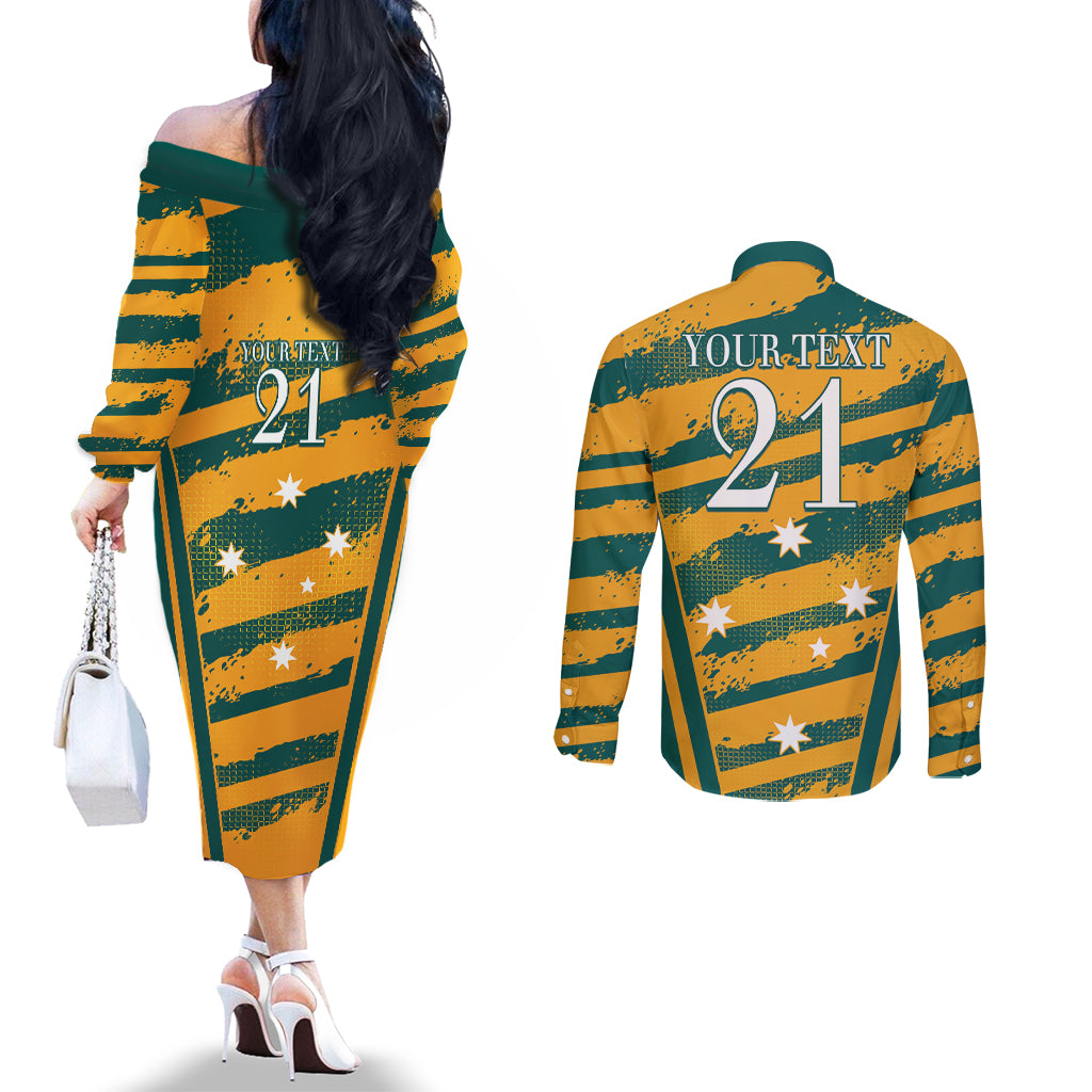 Custom Australia Rugby Couples Matching Off The Shoulder Long Sleeve Dress and Long Sleeve Button Shirt Wallabies Mascots Indigenous Aboriginal Version