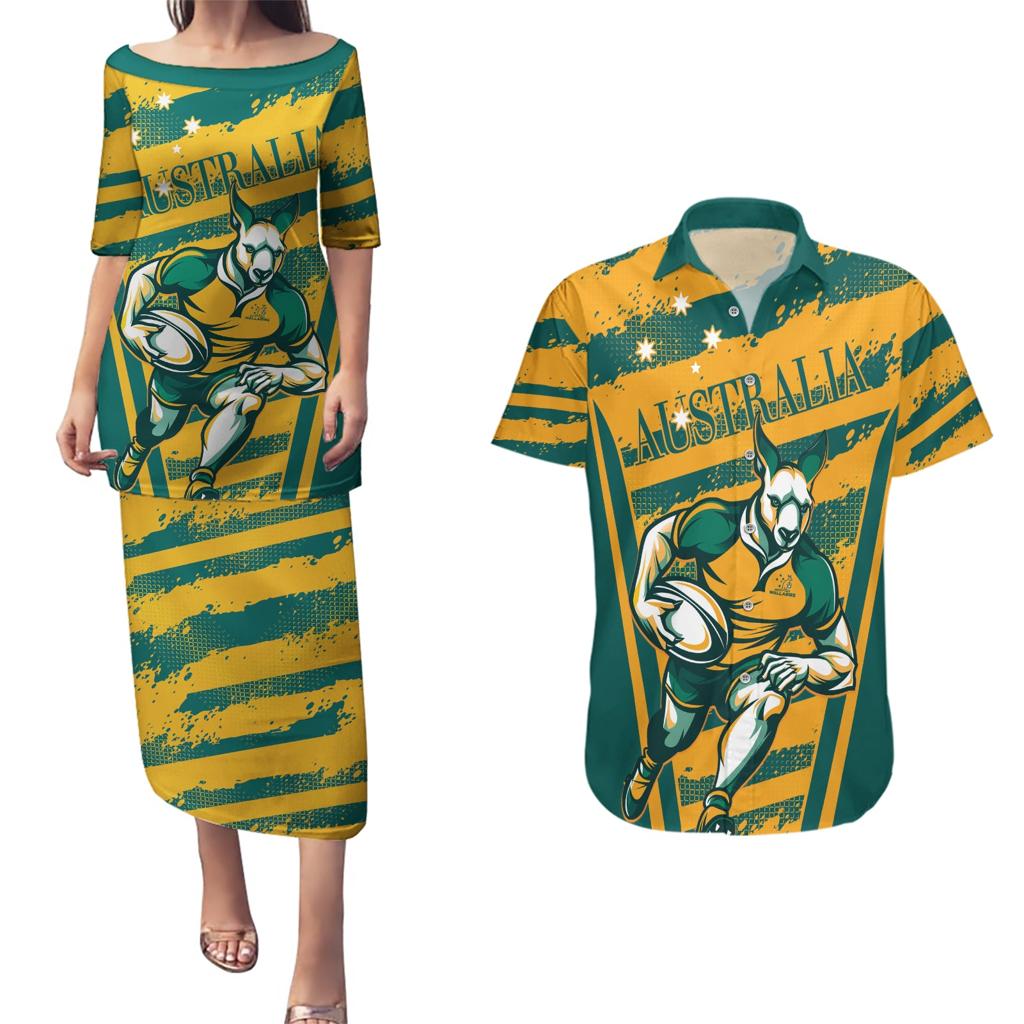 Custom Australia Rugby Couples Matching Puletasi and Hawaiian Shirt Wallabies Mascots Indigenous Aboriginal Version