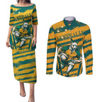 Custom Australia Rugby Couples Matching Puletasi and Long Sleeve Button Shirt Wallabies Mascots Indigenous Aboriginal Version