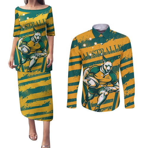 Custom Australia Rugby Couples Matching Puletasi and Long Sleeve Button Shirt Wallabies Mascots Indigenous Aboriginal Version
