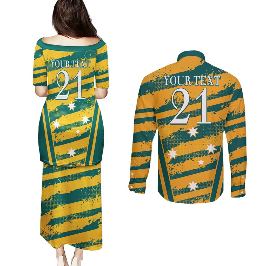 Custom Australia Rugby Couples Matching Puletasi and Long Sleeve Button Shirt Wallabies Mascots Indigenous Aboriginal Version