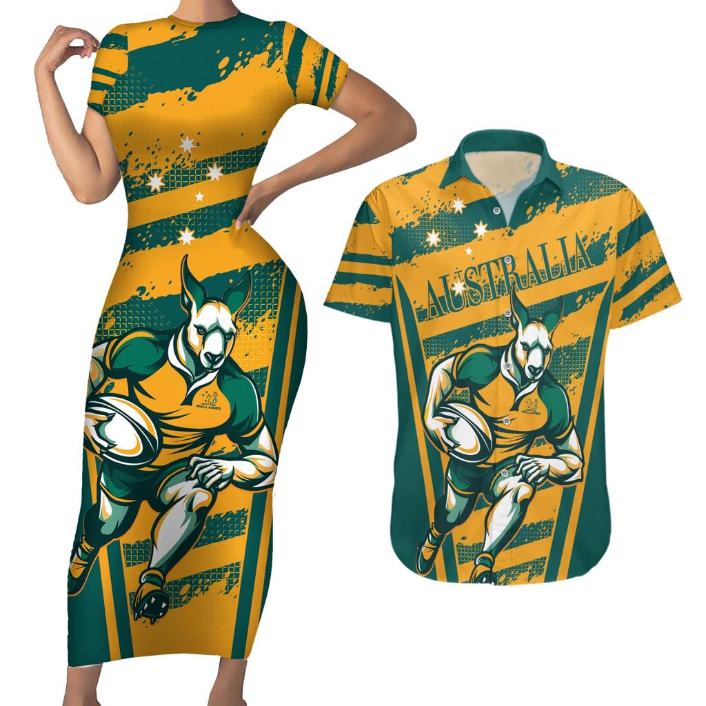 Custom Australia Rugby Couples Matching Short Sleeve Bodycon Dress and Hawaiian Shirt Wallabies Mascots Indigenous Aboriginal Version