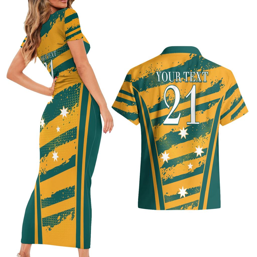 Custom Australia Rugby Couples Matching Short Sleeve Bodycon Dress and Hawaiian Shirt Wallabies Mascots Indigenous Aboriginal Version