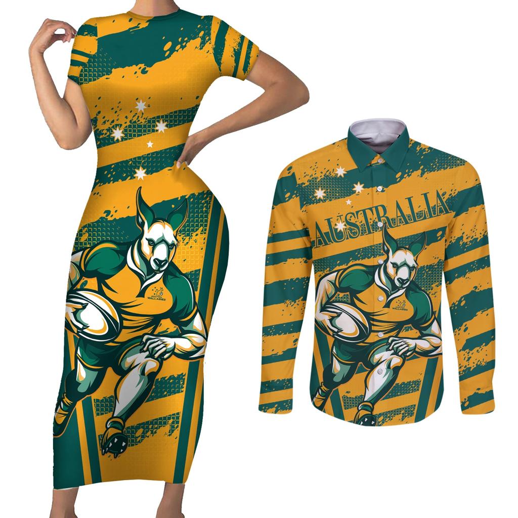 Custom Australia Rugby Couples Matching Short Sleeve Bodycon Dress and Long Sleeve Button Shirt Wallabies Mascots Indigenous Aboriginal Version