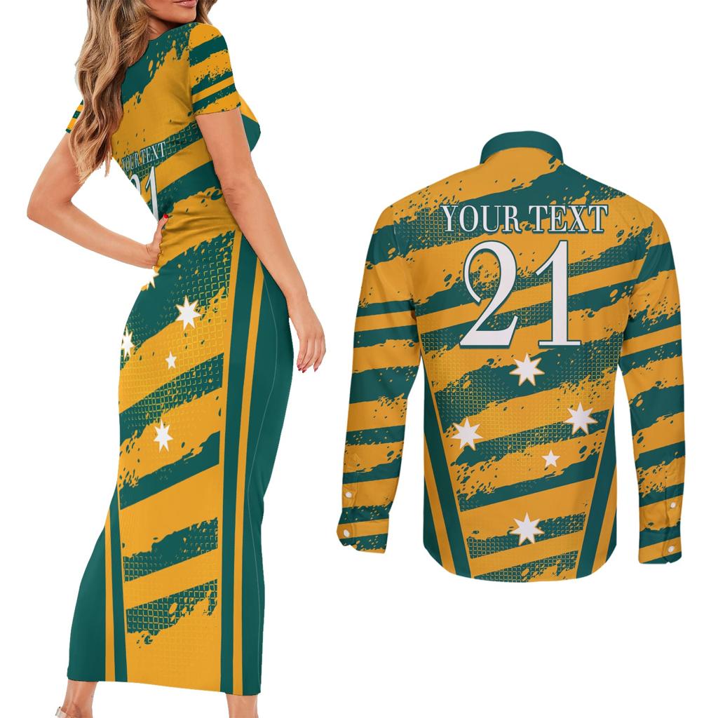 Custom Australia Rugby Couples Matching Short Sleeve Bodycon Dress and Long Sleeve Button Shirt Wallabies Mascots Indigenous Aboriginal Version