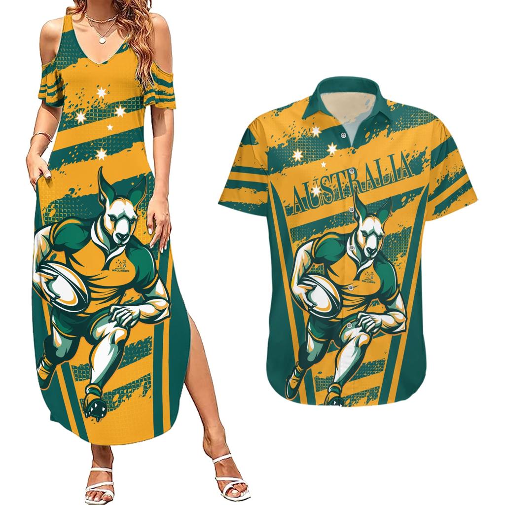Custom Australia Rugby Couples Matching Summer Maxi Dress and Hawaiian Shirt Wallabies Mascots Indigenous Aboriginal Version