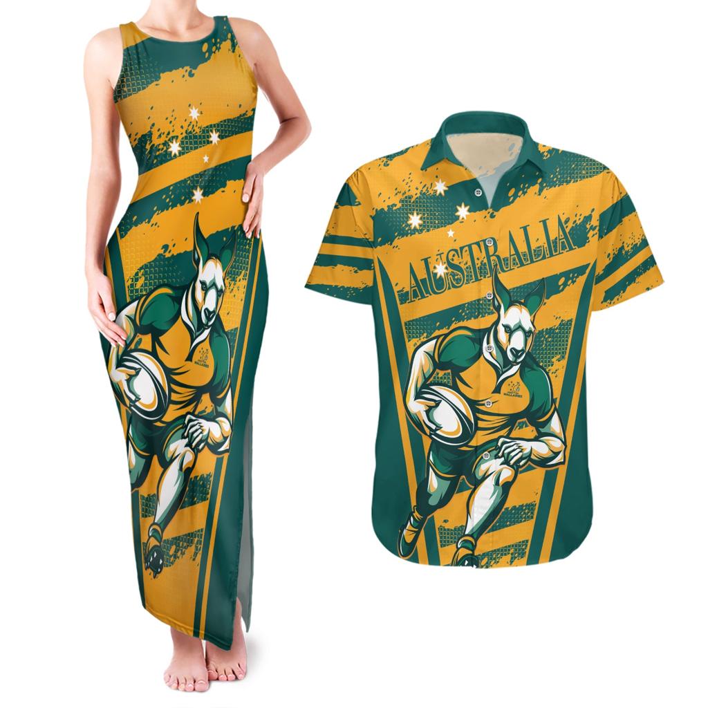 Custom Australia Rugby Couples Matching Tank Maxi Dress and Hawaiian Shirt Wallabies Mascots Indigenous Aboriginal Version