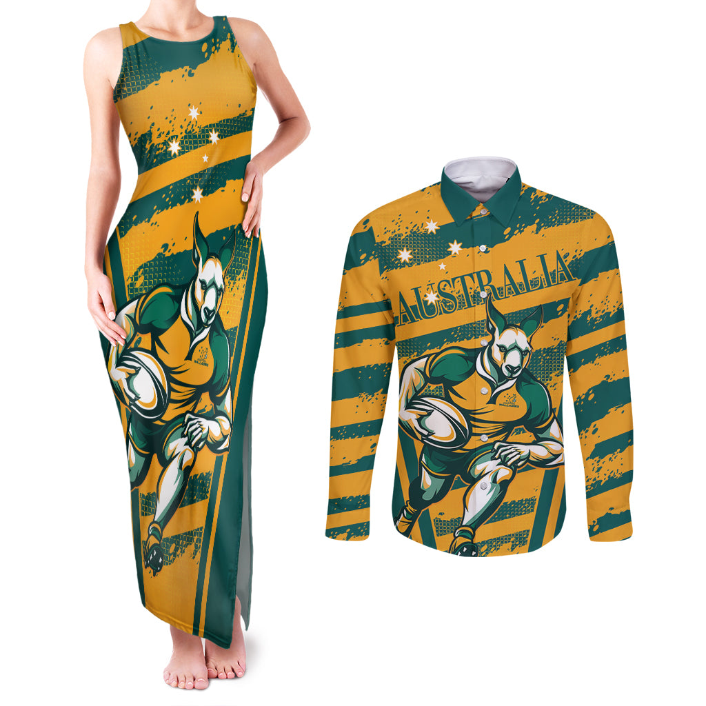 Custom Australia Rugby Couples Matching Tank Maxi Dress and Long Sleeve Button Shirt Wallabies Mascots Indigenous Aboriginal Version