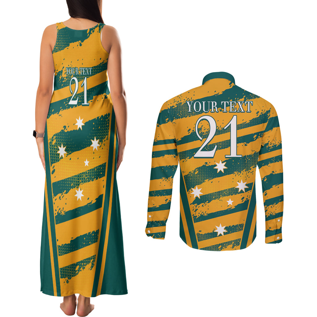 Custom Australia Rugby Couples Matching Tank Maxi Dress and Long Sleeve Button Shirt Wallabies Mascots Indigenous Aboriginal Version