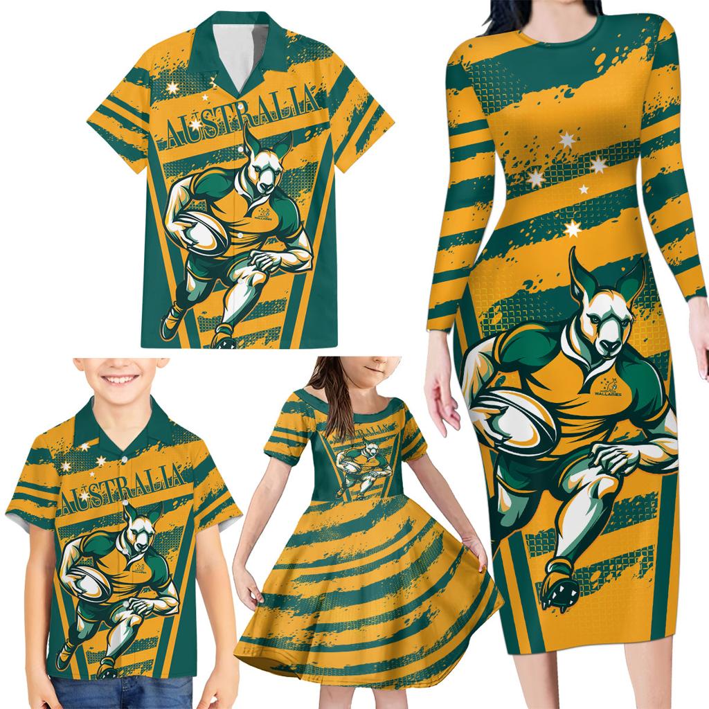 Custom Australia Rugby Family Matching Long Sleeve Bodycon Dress and Hawaiian Shirt Wallabies Mascots Indigenous Aboriginal Version