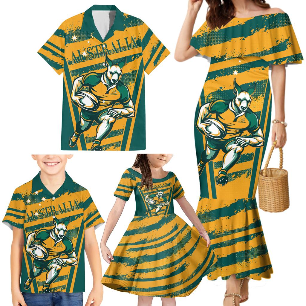 Custom Australia Rugby Family Matching Mermaid Dress and Hawaiian Shirt Wallabies Mascots Indigenous Aboriginal Version