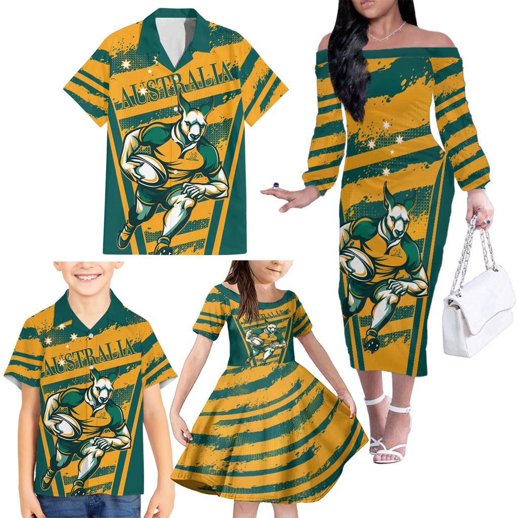 Custom Australia Rugby Family Matching Off The Shoulder Long Sleeve Dress and Hawaiian Shirt Wallabies Mascots Indigenous Aboriginal Version