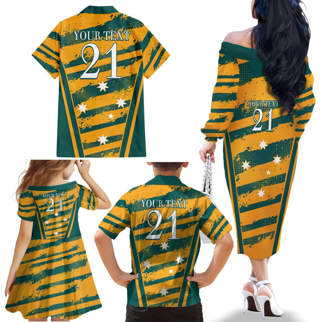 Custom Australia Rugby Family Matching Off The Shoulder Long Sleeve Dress and Hawaiian Shirt Wallabies Mascots Indigenous Aboriginal Version