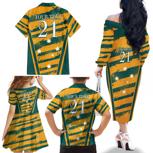 Custom Australia Rugby Family Matching Off The Shoulder Long Sleeve Dress and Hawaiian Shirt Wallabies Mascots Indigenous Aboriginal Version
