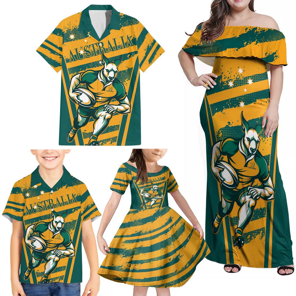 Custom Australia Rugby Family Matching Off Shoulder Maxi Dress and Hawaiian Shirt Wallabies Mascots Indigenous Aboriginal Version