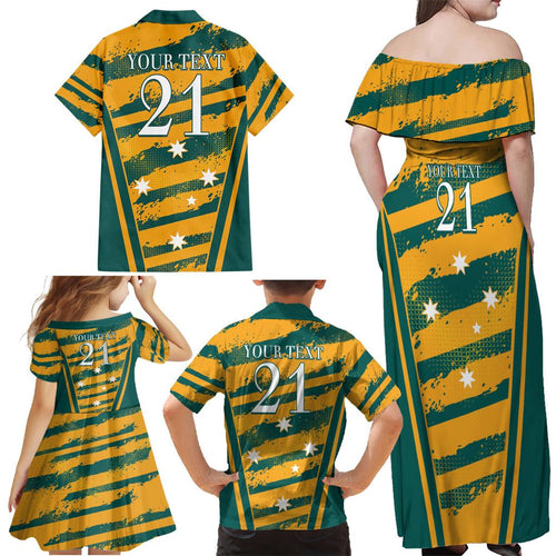 Custom Australia Rugby Family Matching Off Shoulder Maxi Dress and Hawaiian Shirt Wallabies Mascots Indigenous Aboriginal Version