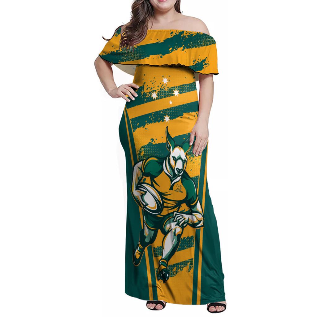 Custom Australia Rugby Family Matching Off Shoulder Maxi Dress and Hawaiian Shirt Wallabies Mascots Indigenous Aboriginal Version