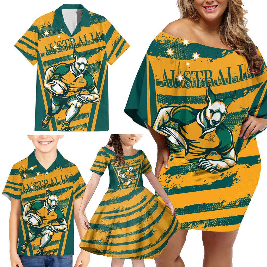 Custom Australia Rugby Family Matching Off Shoulder Short Dress and Hawaiian Shirt Wallabies Mascots Indigenous Aboriginal Version