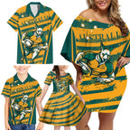 Custom Australia Rugby Family Matching Off Shoulder Short Dress and Hawaiian Shirt Wallabies Mascots Indigenous Aboriginal Version