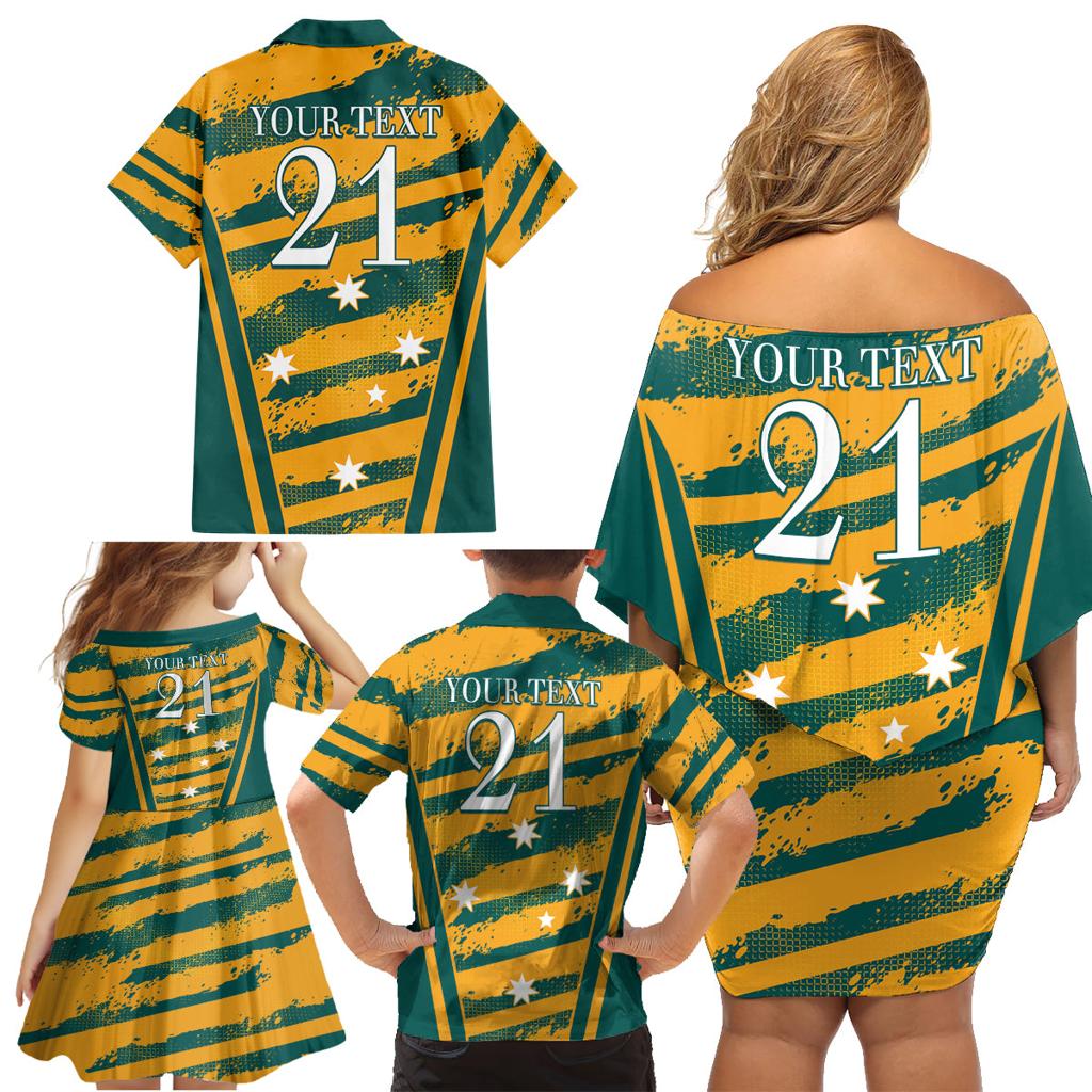 Custom Australia Rugby Family Matching Off Shoulder Short Dress and Hawaiian Shirt Wallabies Mascots Indigenous Aboriginal Version