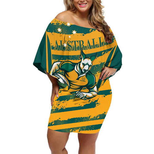 Custom Australia Rugby Family Matching Off Shoulder Short Dress and Hawaiian Shirt Wallabies Mascots Indigenous Aboriginal Version