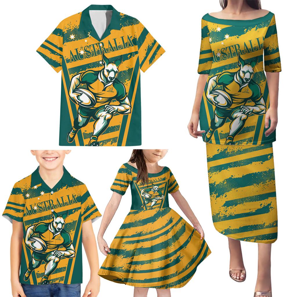 Custom Australia Rugby Family Matching Puletasi and Hawaiian Shirt Wallabies Mascots Indigenous Aboriginal Version
