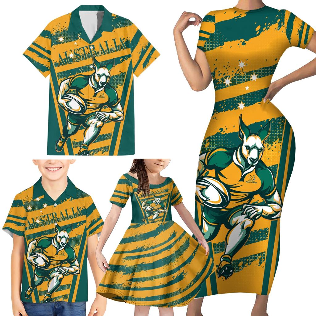 Custom Australia Rugby Family Matching Short Sleeve Bodycon Dress and Hawaiian Shirt Wallabies Mascots Indigenous Aboriginal Version
